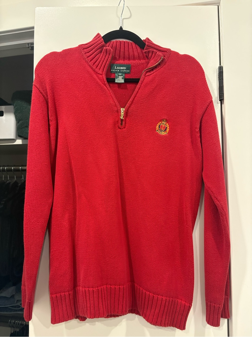 Ralph Lauren Red Half-Zip Knit Sweater with Crest
